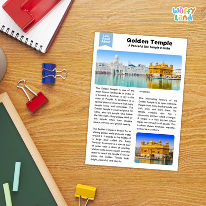 A printed educational poster titled 'Golden Temple: A Peaceful Sikh Temple in India' with two photos of the temple, styled on a wooden desk with a spiral notebook, red binder clips, and green and black folders. The 'Wiffly Land' brand logo is in the top right corner.