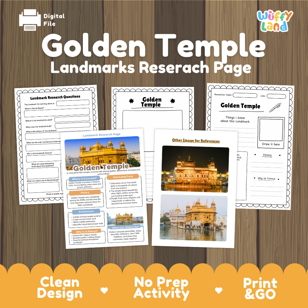Digital preview of a 'Golden Temple Landmarks Research Page' activity sheet set on a wood-grain background, featuring worksheet pages and an infographic about the Golden Temple in Lahore, with the brand name 'Wiffy Land' in the top right.