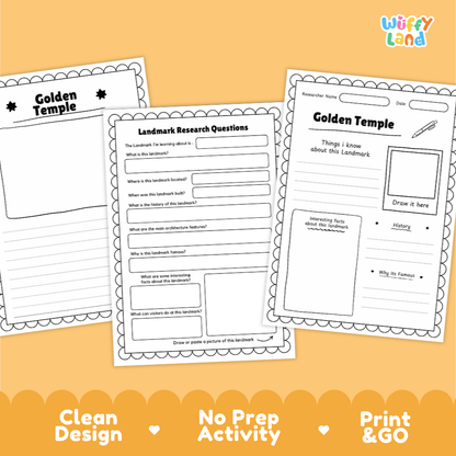 Three printable worksheet pages for Golden Temple research are shown on an orange background. The pages include writing prompts, labeled sections, and drawing boxes.