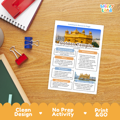A printed 'Landmark Research Page' about the Golden Temple laid out on a wooden desk with school supplies around it. The sheet includes a large temple photo, headings, and informational text blocks.