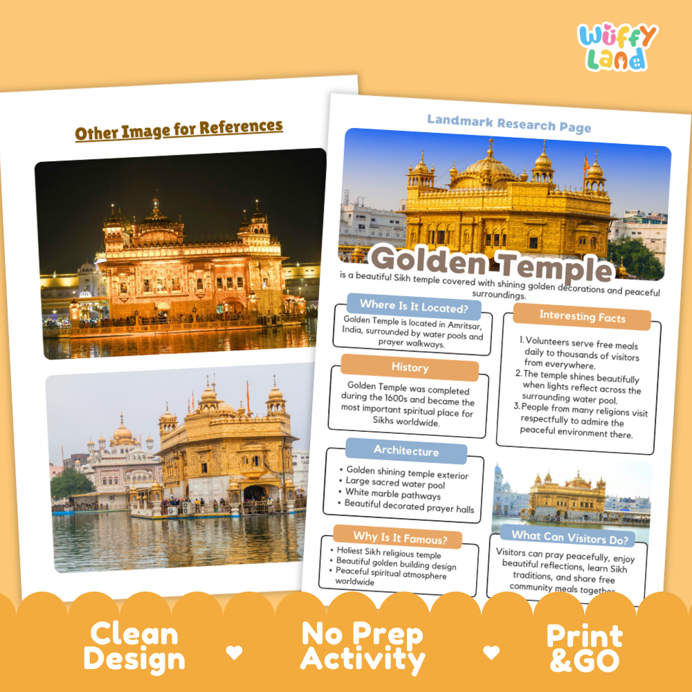 An educational activity poster about the Golden Temple in Amritsar, displayed on a warm orange background. The poster features a large photograph of the illuminated golden temple, with text boxes detailing its location, history, architecture, and visitor information.