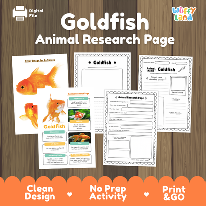 Goldfish Animal Research Page printable activity sheet set by Wiffy Land, featuring a clean digital design with goldfish illustrations and worksheet pages, displayed on a wood background with promotional text at the bottom.