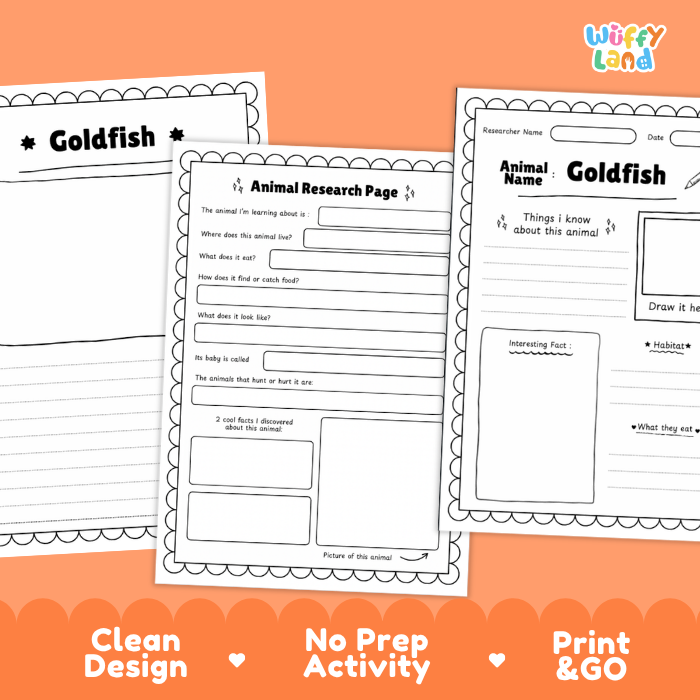 Three printable goldfish-themed worksheet pages shown on an orange background with marketing text at the bottom. The pages include animal research forms, a goldfish title page, and writing/activity sections.