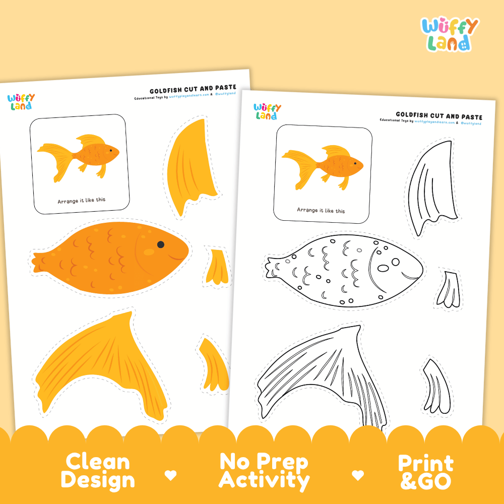 Goldfish Cut and Paste Craft and Coloring Activity Worksheets