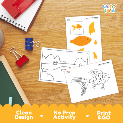 Goldfish Cut and Paste Craft and Coloring Activity Worksheets