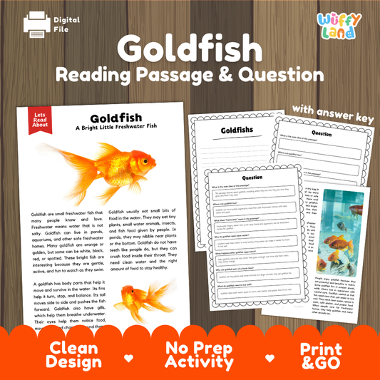 Digital reading activity product for 'Goldfish' featuring a reading passage, comprehension questions, and an answer key layout on a wood-textured background with promotional text at the bottom.