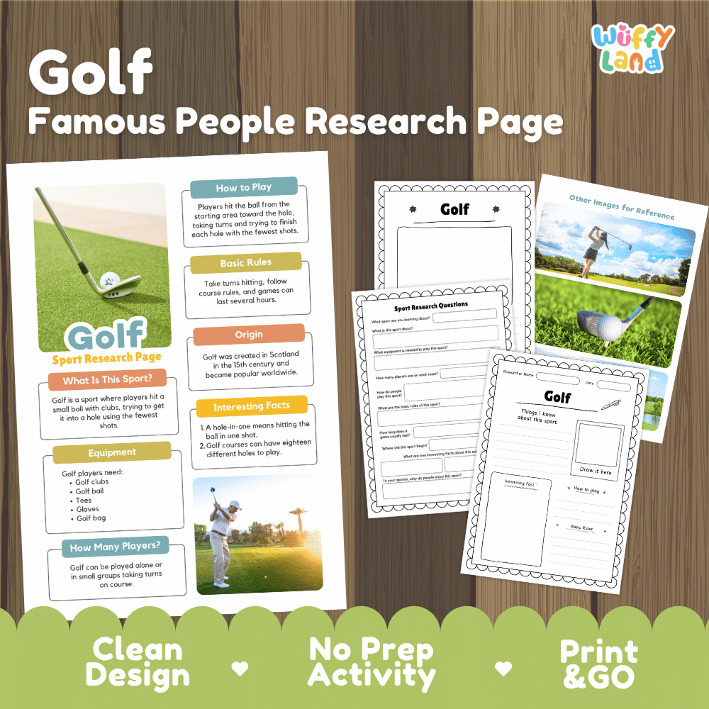 Golf Sport Research Project Worksheets and Fact Sheet