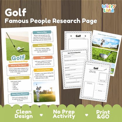Golf Sport Research Project Worksheets and Fact Sheet