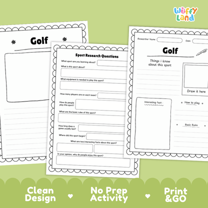 Golf Sport Research Project Worksheets and Fact Sheet