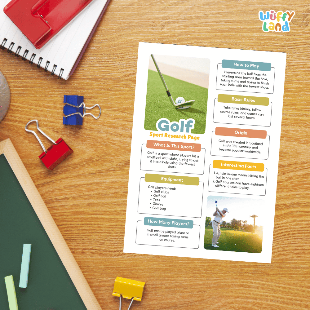 A printed golf-themed educational poster titled 'Golf Sport Research Page' laid flat on a wooden desk, surrounded by school supplies including a spiral notebook, red and blue binder clips, and a green chalk stick. The poster features colorful text boxes, a golf ball-and-putter photo, and a small golf course scene.