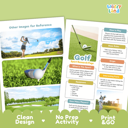 Golf Sport Research Project Worksheets and Fact Sheet
