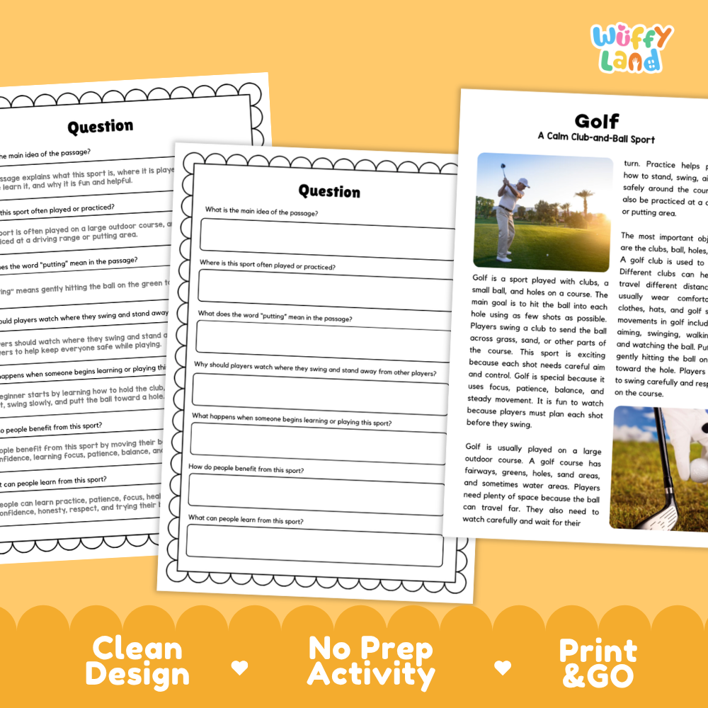Golf Sports Reading Passages Worksheets and Comprehension Activity