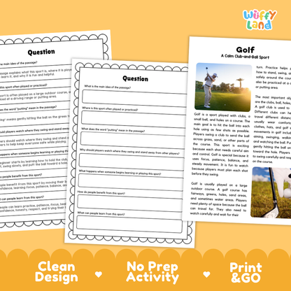 Golf Sports Reading Passages Worksheets and Comprehension Activity