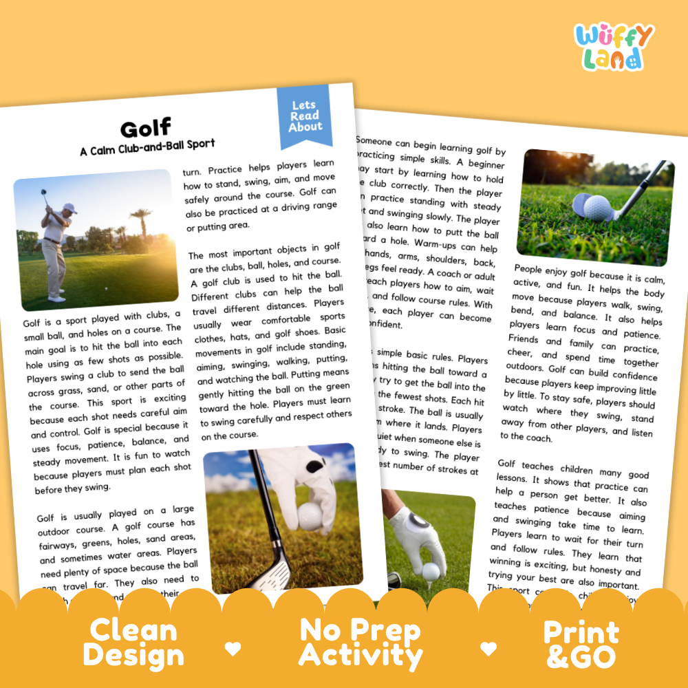 Golf Sports Reading Passages Worksheets and Comprehension Activity