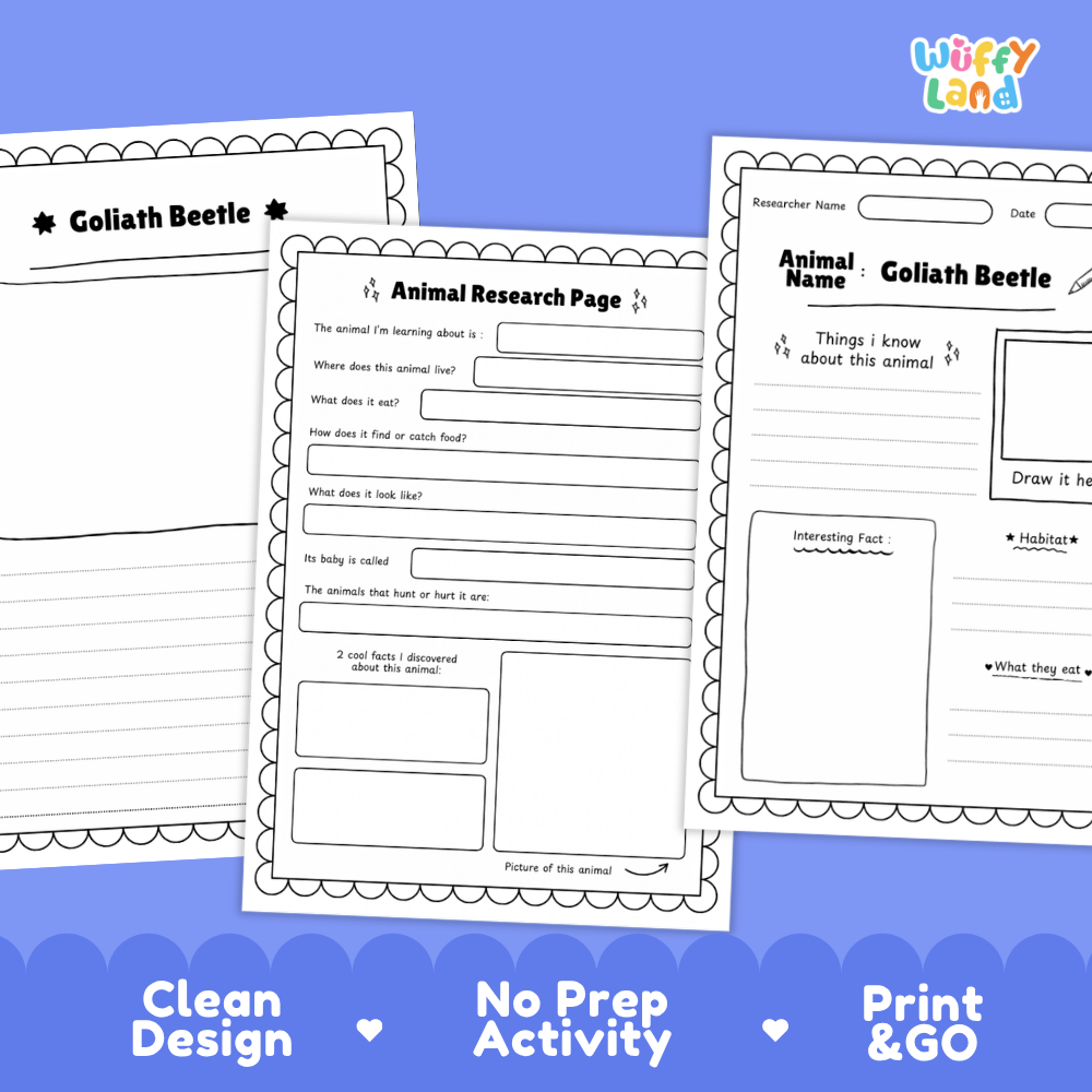 Three printable worksheet pages for animal research about the Goliath beetle are shown on a blue background with marketing text reading 'Clean Design,' 'No Prep Activity,' and 'Print & Go.' The sheets are black-and-white templates with headings, text boxes, and drawing areas.