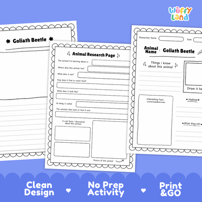 Three printable worksheet pages for animal research about the Goliath beetle are shown on a blue background with marketing text reading 'Clean Design,' 'No Prep Activity,' and 'Print & Go.' The sheets are black-and-white templates with headings, text boxes, and drawing areas.