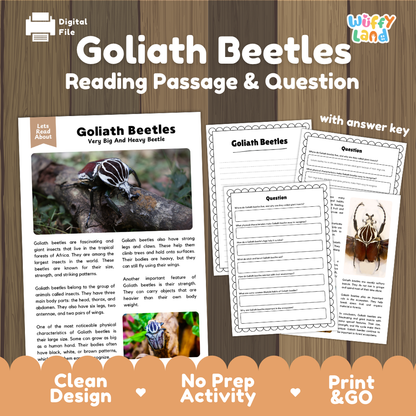 Digital reading activity bundle for 'Goliath Beetles' by Wiffly Land, featuring a digital file preview, a sample reading passage page, worksheet pages with answer key, and promotional badges on a wood-textured background.