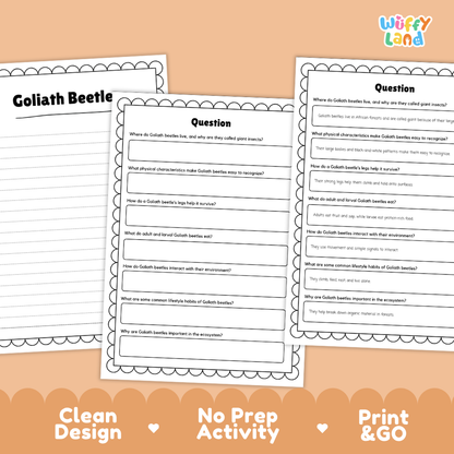 Three printable worksheet pages about the Goliath Beetle displayed on a peach background with promotional text reading 'Clean Design,' 'No Prep Activity,' and 'Print & GO.' The top-right corner shows the brand name 'Wiffly Land.