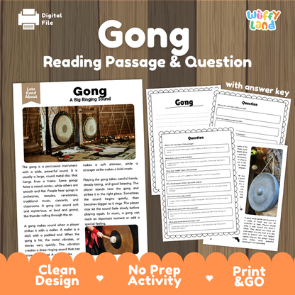 Gong reading comprehension passage and questions printable activity pack with answer key for elementary students
