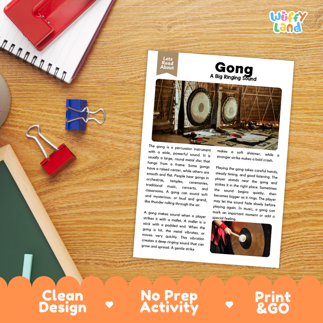 Student reading comprehension worksheet with short-answer questions and lined sections about the gong instrument