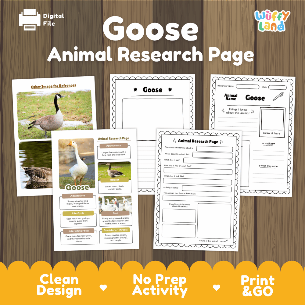 A digital product preview for a Goose Animal Research Page activity sheet set by Wiffy Land, displayed on a wood-grain background with promotional text at the bottom.