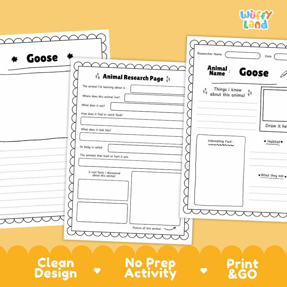 Three printable worksheet pages for animal research, featuring a goose-themed activity sheet, shown on a warm yellow background with the brand name 'Wiffy Land' in the top right and marketing text along the bottom.