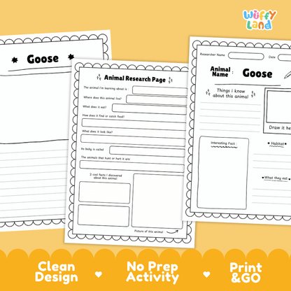 Three printable worksheet pages for animal research, featuring a goose-themed activity sheet, shown on a warm yellow background with the brand name 'Wiffy Land' in the top right and marketing text along the bottom.