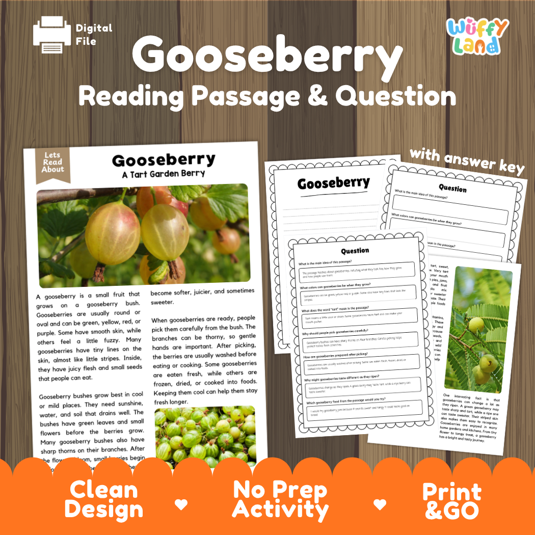 Gooseberry reading comprehension passage and questions printable activity pack with answer key for elementary students