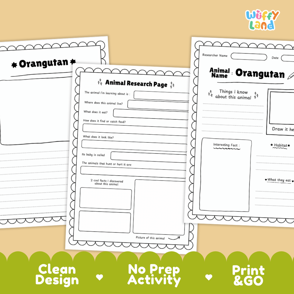 Three printable worksheet pages for an orangutan animal research project are shown on a warm beige background with a green banner at the bottom. The worksheets are white with black outlines and text, featuring sections for the animal name, researcher name, date, description, observations, and a drawing area.