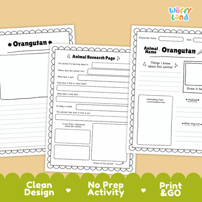Three printable worksheet pages for an orangutan animal research project are shown on a warm beige background with a green banner at the bottom. The worksheets are white with black outlines and text, featuring sections for the animal name, researcher name, date, description, observations, and a drawing area.