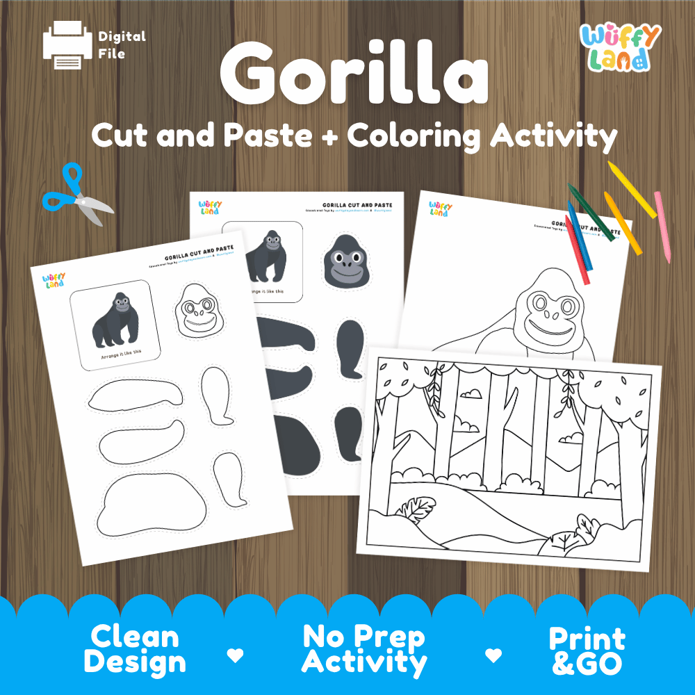 Gorilla Cut and Paste and Coloring Activity Worksheets