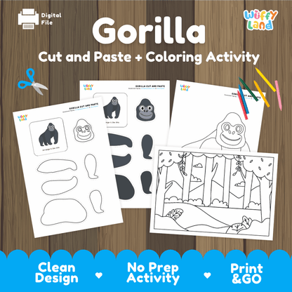 Gorilla Cut and Paste and Coloring Activity Worksheets