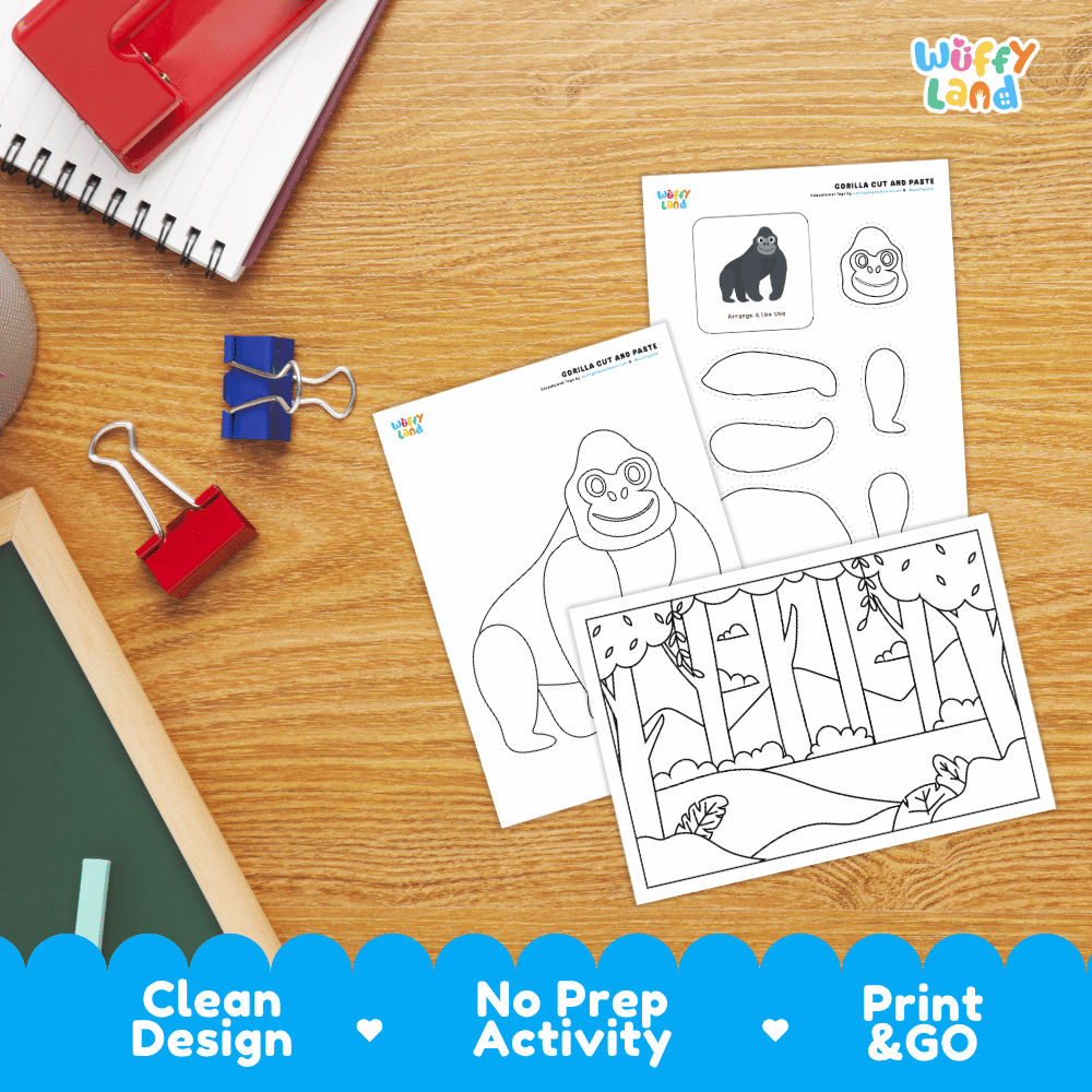 Gorilla Cut and Paste and Coloring Activity Worksheets