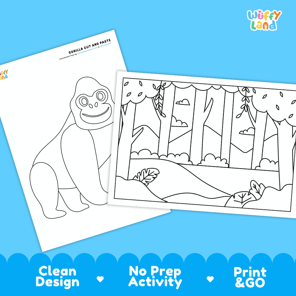 Gorilla Cut and Paste and Coloring Activity Worksheets