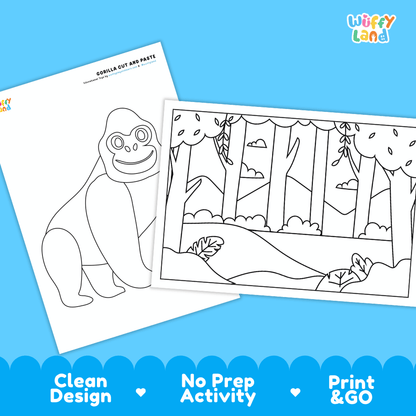 Gorilla Cut and Paste and Coloring Activity Worksheets