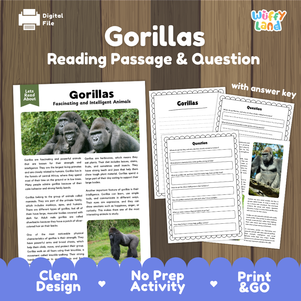 Gorillas Reading Passage and Comprehension Questions Worksheets with Answer Key