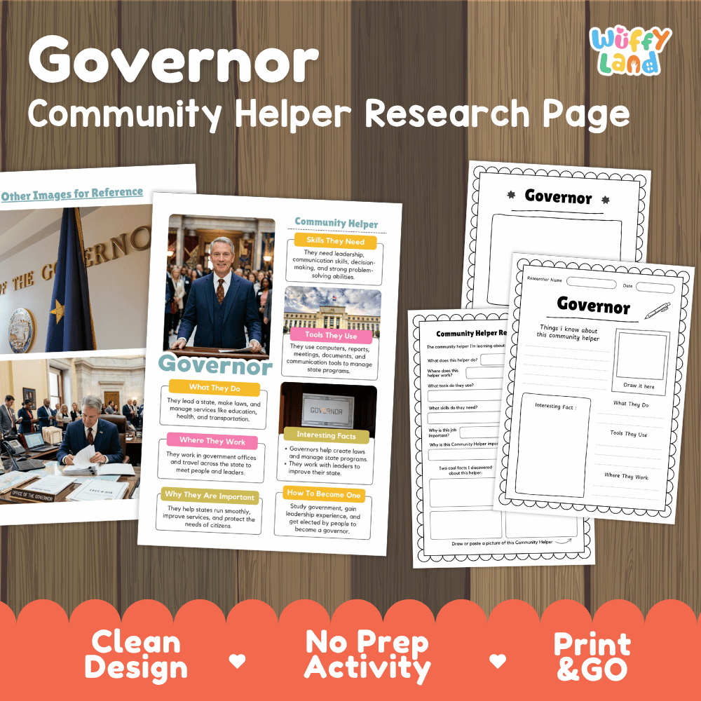 Governor community helper research page writing worksheets pack featuring real photos and student activity pages for elementary social studies