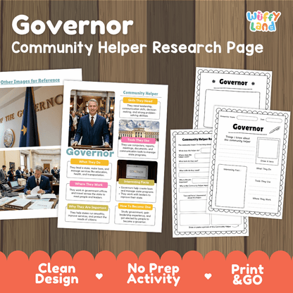 Governor community helper research page writing worksheets pack featuring real photos and student activity pages for elementary social studies