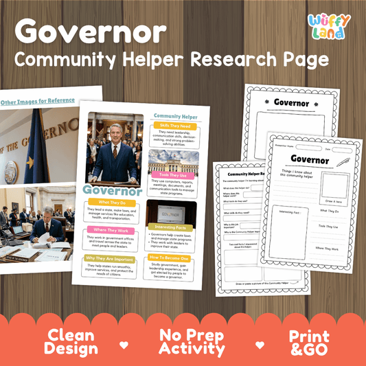 Governor community helper research page writing worksheets pack featuring real photos and student activity pages for elementary social studies