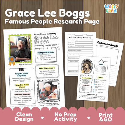 Grace Lee Boggs biography research worksheets pack featuring graphic organizers, timeline activity, and student writing template