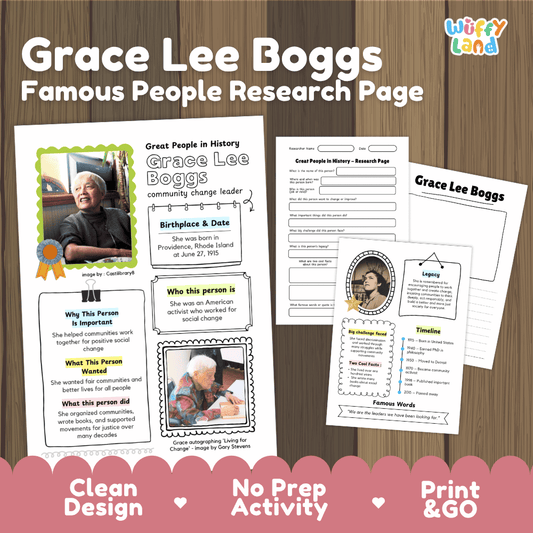 Grace Lee Boggs biography research worksheets pack featuring graphic organizers, timeline activity, and student writing template