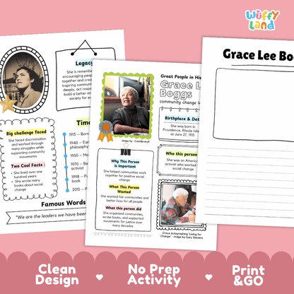 Great People in History student fact profile card detailing Grace Lee Boggs's birthplace, community organizing, and achievements
