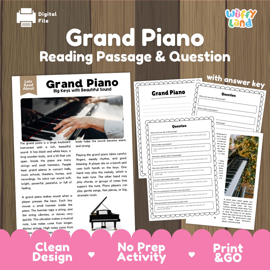 Grand Piano reading comprehension passage and questions printable activity pack with answer key for elementary students