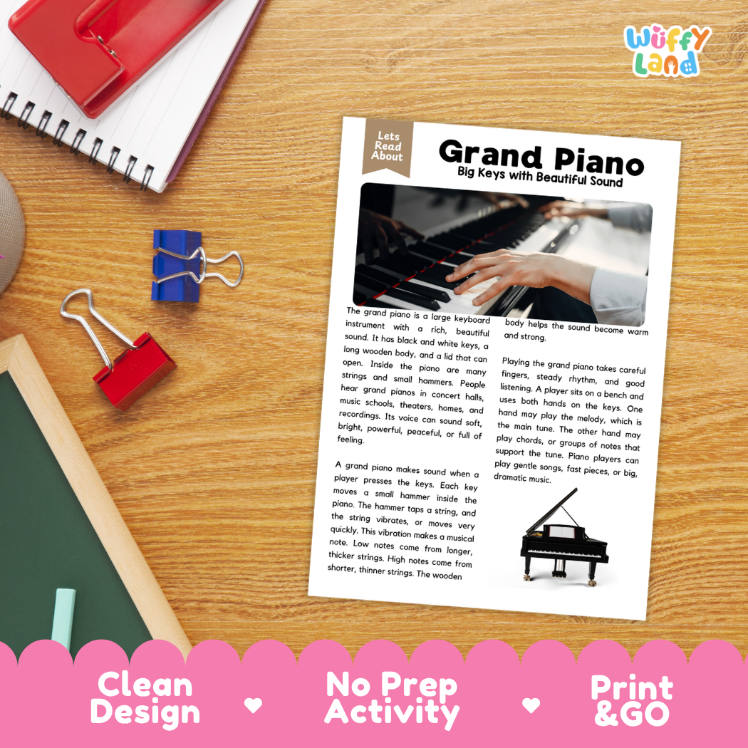 Student reading comprehension worksheet with short-answer questions and lined sections about the grand piano instrument