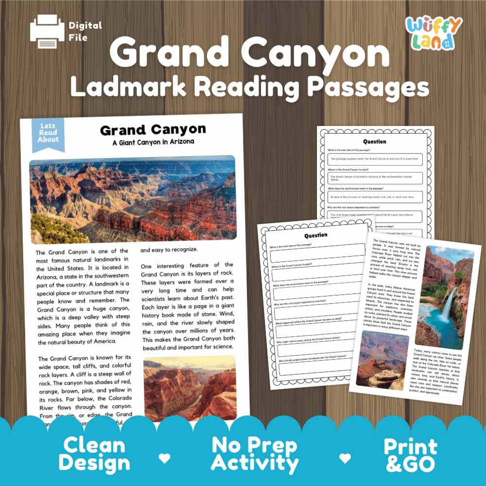 Grand Canyon Landmark Reading Passages and Comprehension Worksheets