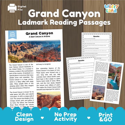 Grand Canyon Landmark Reading Passages and Comprehension Worksheets