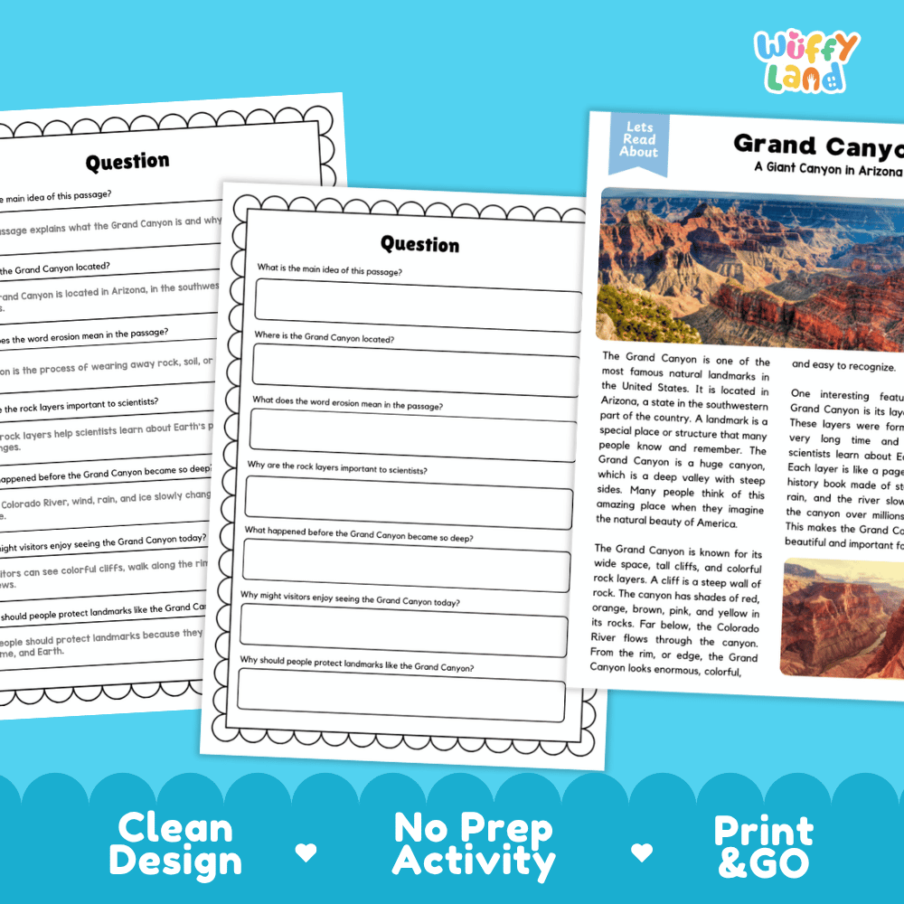 Grand Canyon Landmark Reading Passages and Comprehension Worksheets