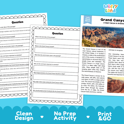 Grand Canyon Landmark Reading Passages and Comprehension Worksheets