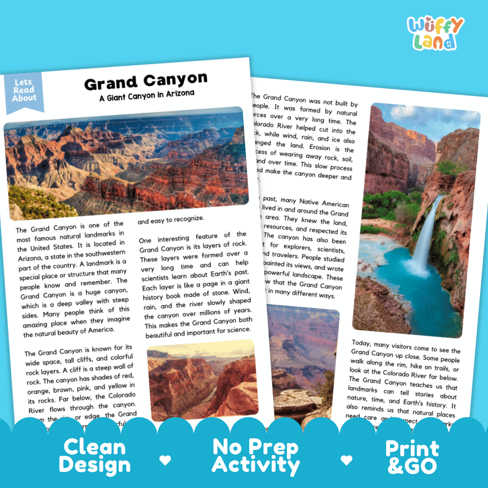 Grand Canyon Landmark Reading Passages and Comprehension Worksheets