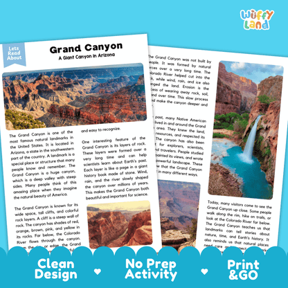 Grand Canyon Landmark Reading Passages and Comprehension Worksheets